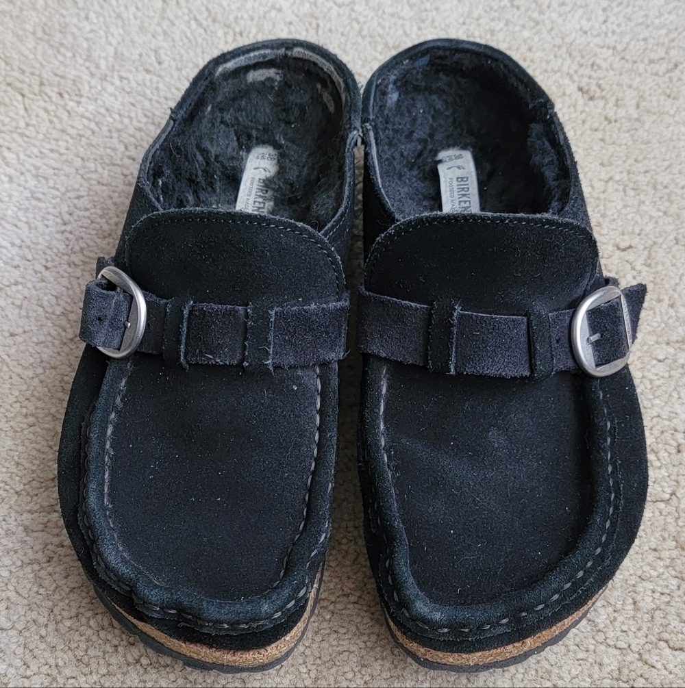 Birkenstock Buckley Black Suede Shearling Lined Slip On